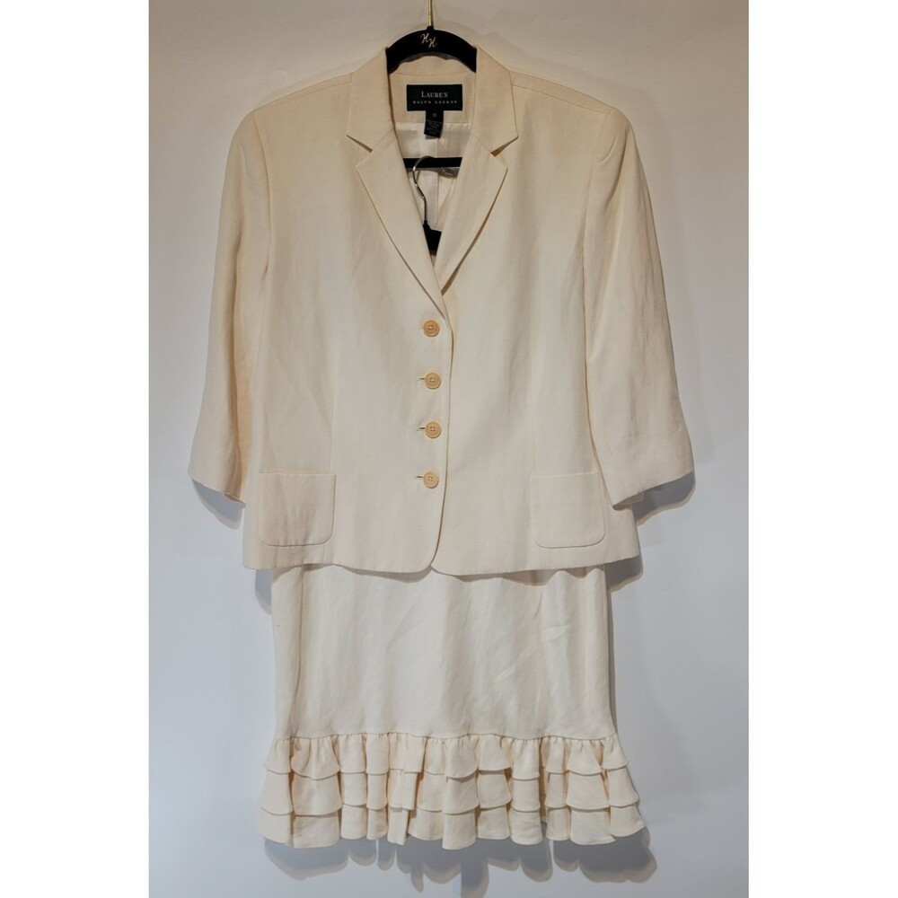 Lauren Ralph Lauren Ivory‎ Silk Linen Ruffled Skirt Suit 16-12 MSRP $338 Vintage